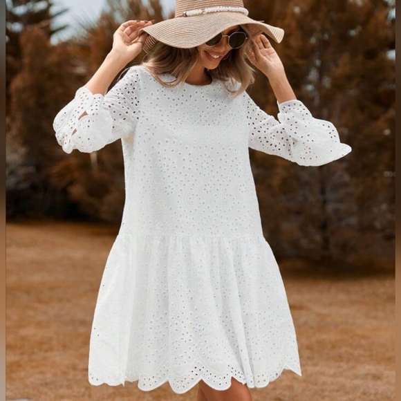 Eyelet Embroidery Flounce Sleeve Ruffle Hem Smock Flattering Dress - Picture 5 of 6